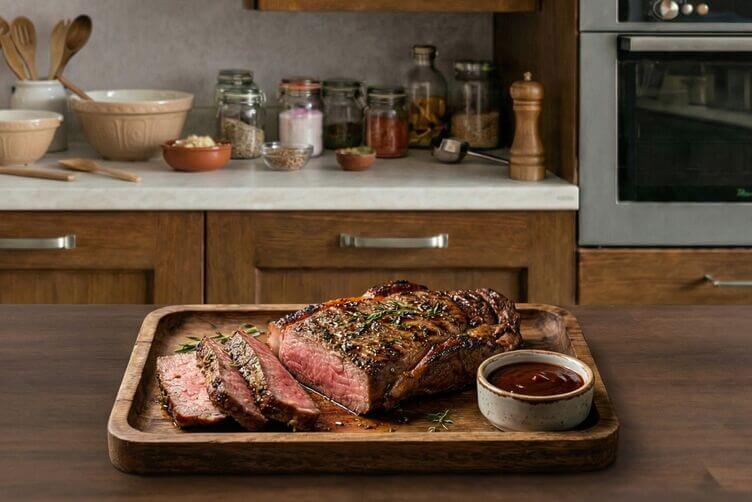 Bistecca marinata alla griglia leggermente affettata con salsa barbecue Bistecca marinata alla griglia leggermente affettata con salsa barbecue