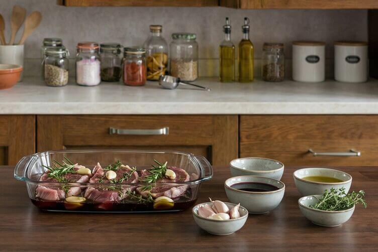 Bistecche di lombo in marinata con olio vino rosso aglio ed erbe aromatiche Bistecche di lombo in marinata con olio vino rosso aglio ed erbe aromatiche