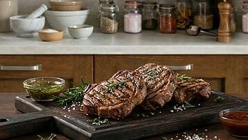 Carne alla griglia marinata servita su tagliere con salsa barbecue