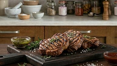 Carne alla griglia marinata servita su tagliere con salsa barbecue