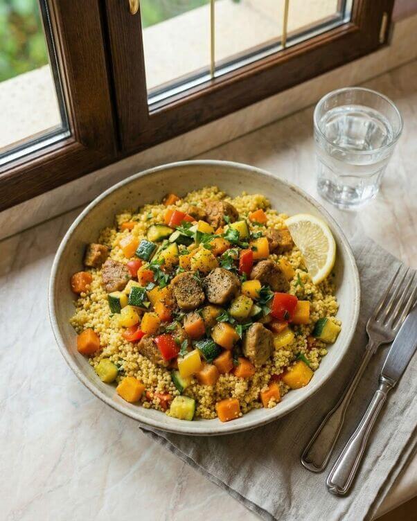 Cous cous con spezzatino di seitan e verdure Cous cous con spezzatino di seitan e verdure