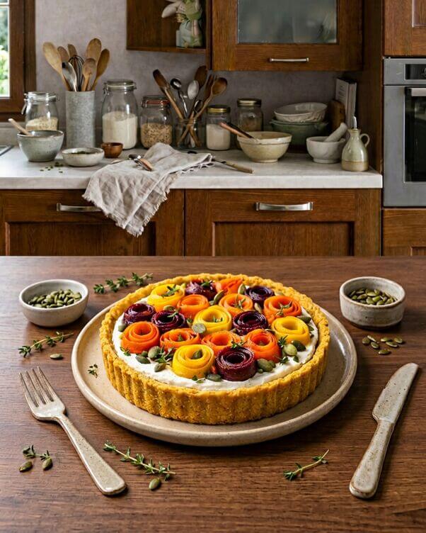 Crostata di sorgo alla curcuma, caprino e carote Crostata di sorgo alla curcuma, caprino e carote