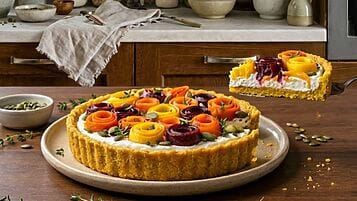 Crostata di sorgo alla curcuma, caprino e carote