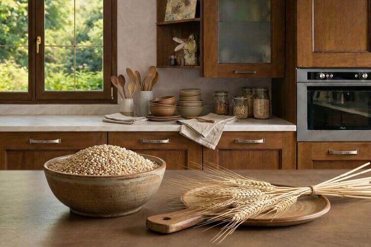 Orzo perlato in ciotola rustica con spighe di orzo Orzo perlato in ciotola rustica con spighe di orzo