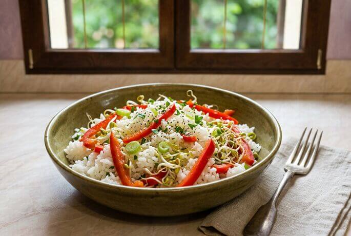 bowl di riso peperoni e porri