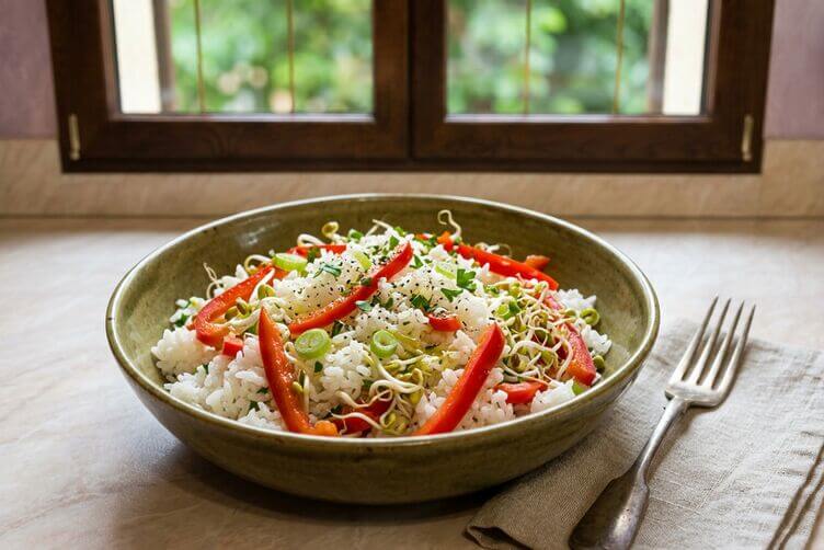 bowl di riso peperoni e porri