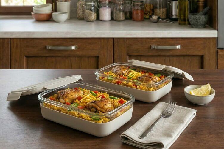 schiscetta con paella di orzo e pollo