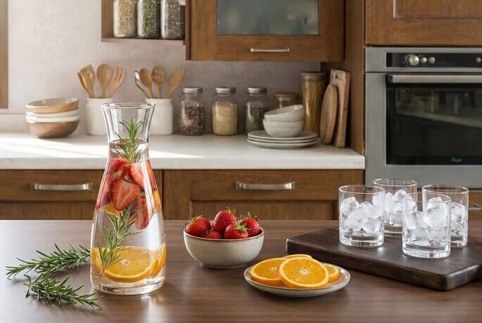 Acqua con fragole, arancia e rosmarino