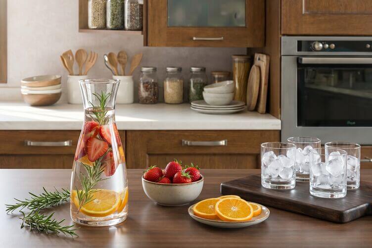 Acqua con fragole, arancia e rosmarino