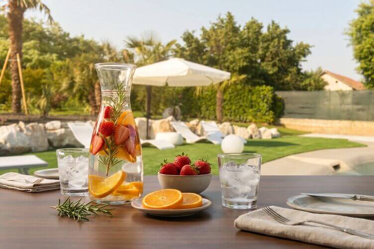 Acqua con fragole, arancia e rosmarino