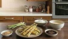 Asparagi fritti in tempura con salsa di soia e sesamo Asparagi fritti in tempura con salsa di soia e sesamo
