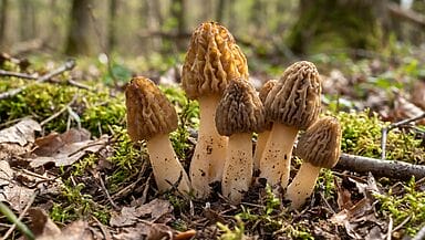 Gruppo di spugnole commestibili nel bosco in primavera