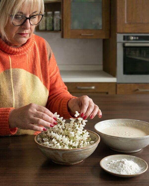 Mani che preparano fiori di acacia freschi per frittelle senza glutine. Mani che preparano fiori di acacia freschi per frittelle senza glutine.