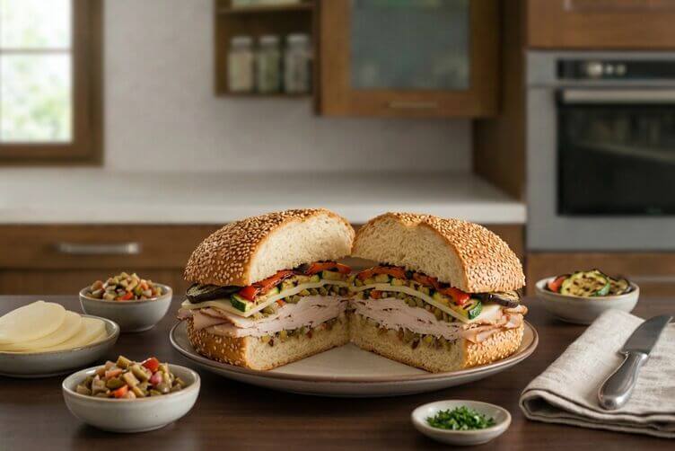 Muffuletta senza glutine con tacchino arrosto, olive e verdure grigliate Muffuletta senza glutine con tacchino arrosto, olive e verdure grigliate