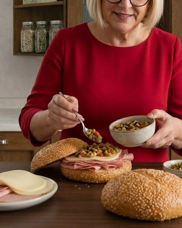 Preparazione della muffuletta senza glutine con insalata di olive