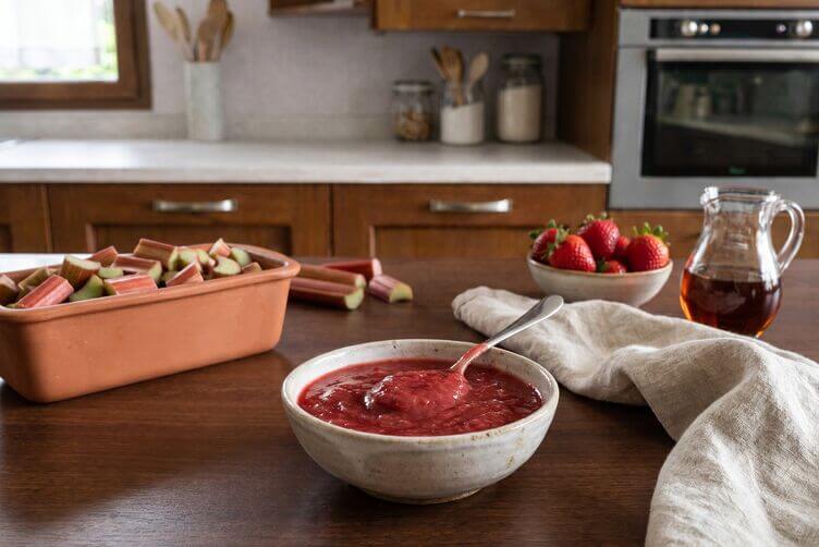 Rabarbaro stufato in composta rosso rubino per dolci senza glutine.