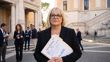 Tiziana davanti a un edificio istituzionale per raccontare la battaglia sul nichel e la SNAS