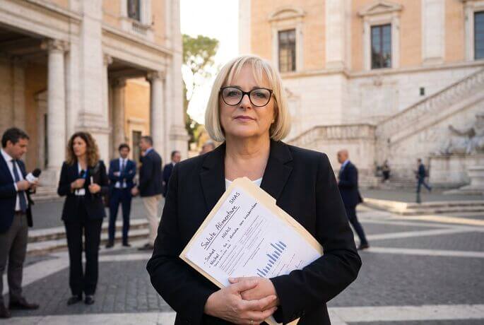 Tiziana davanti a un edificio istituzionale per raccontare la battaglia sul nichel e la SNAS